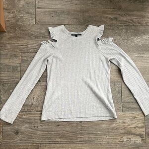 White House Black Market Light Gray Ruffle Long Sleeve Top